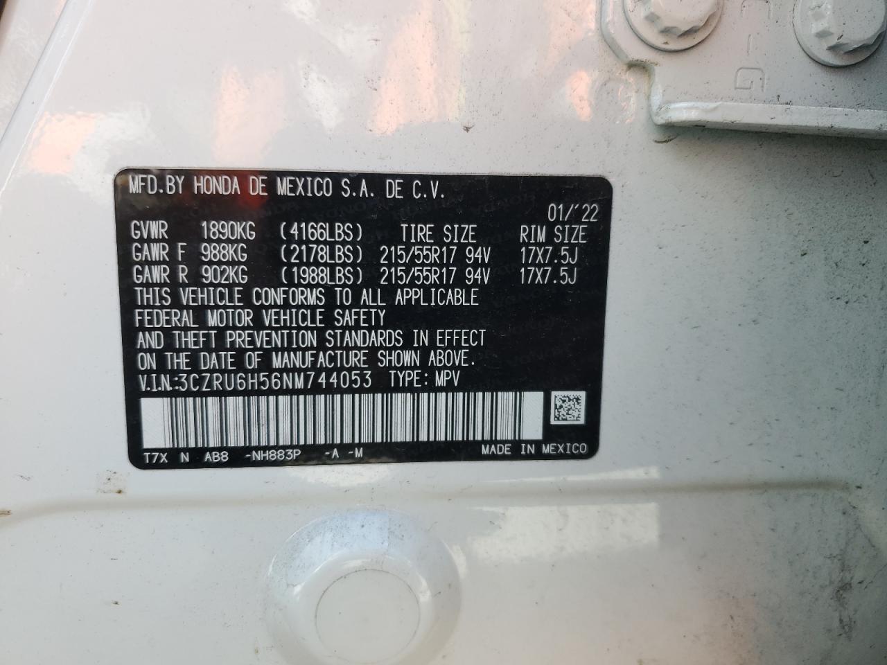 2022 Honda Hr-V Ex VIN: 3CZRU6H56NM744053 Lot: 85593225