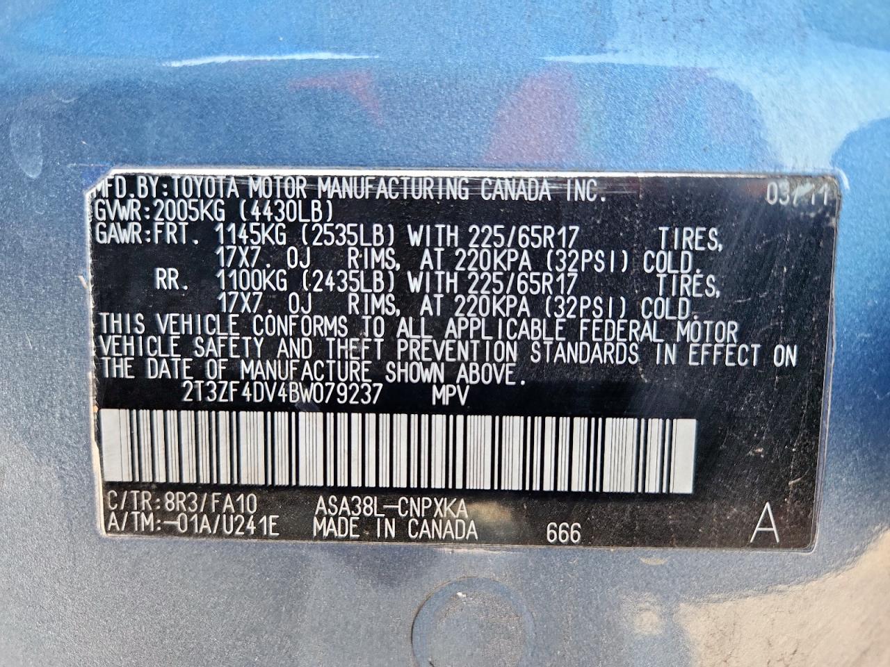 2011 Toyota Rav4 VIN: 2T3ZF4DV4BW079237 Lot: 86628165