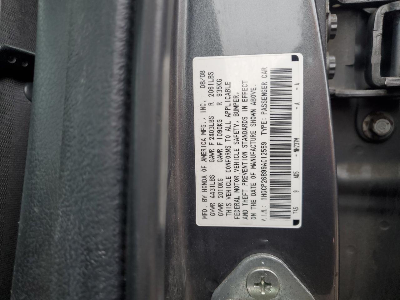 2009 Honda Accord Exl VIN: 1HGCP26899A012559 Lot: 84461025