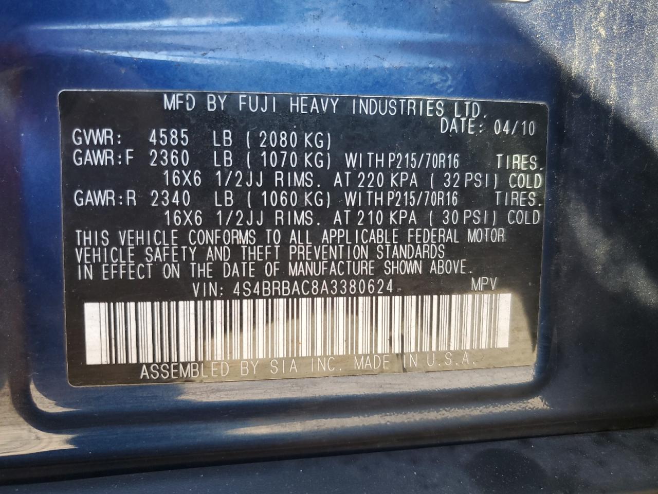 2010 Subaru Outback 2.5I VIN: 4S4BRBAC8A3380624 Lot: 85332165