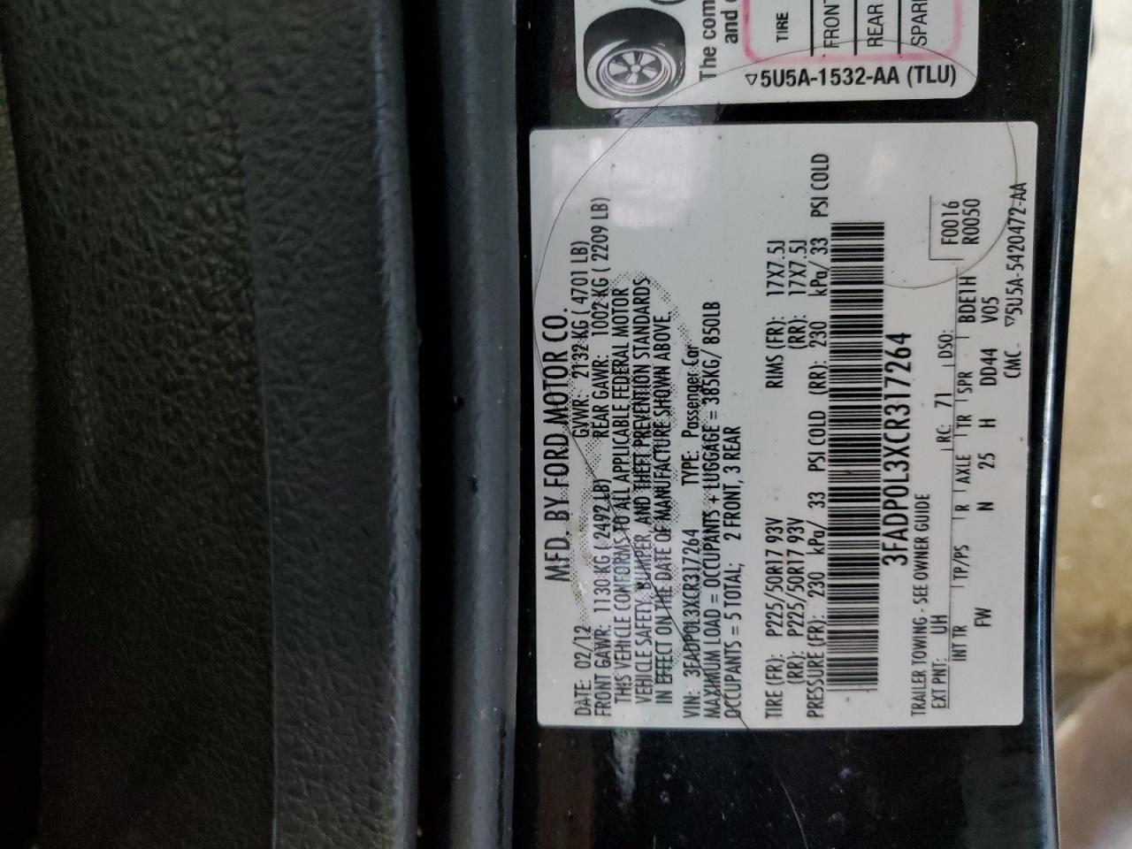 2012 Ford Fusion Hybrid VIN: 3FADP0L3XCR317264 Lot: 82608985