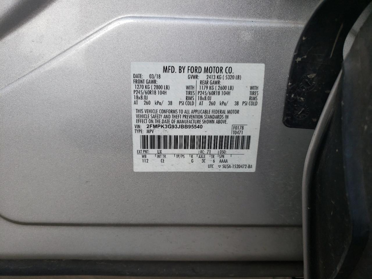 2018 Ford Edge Se VIN: 2FMPK3G93JBB95540 Lot: 84978935