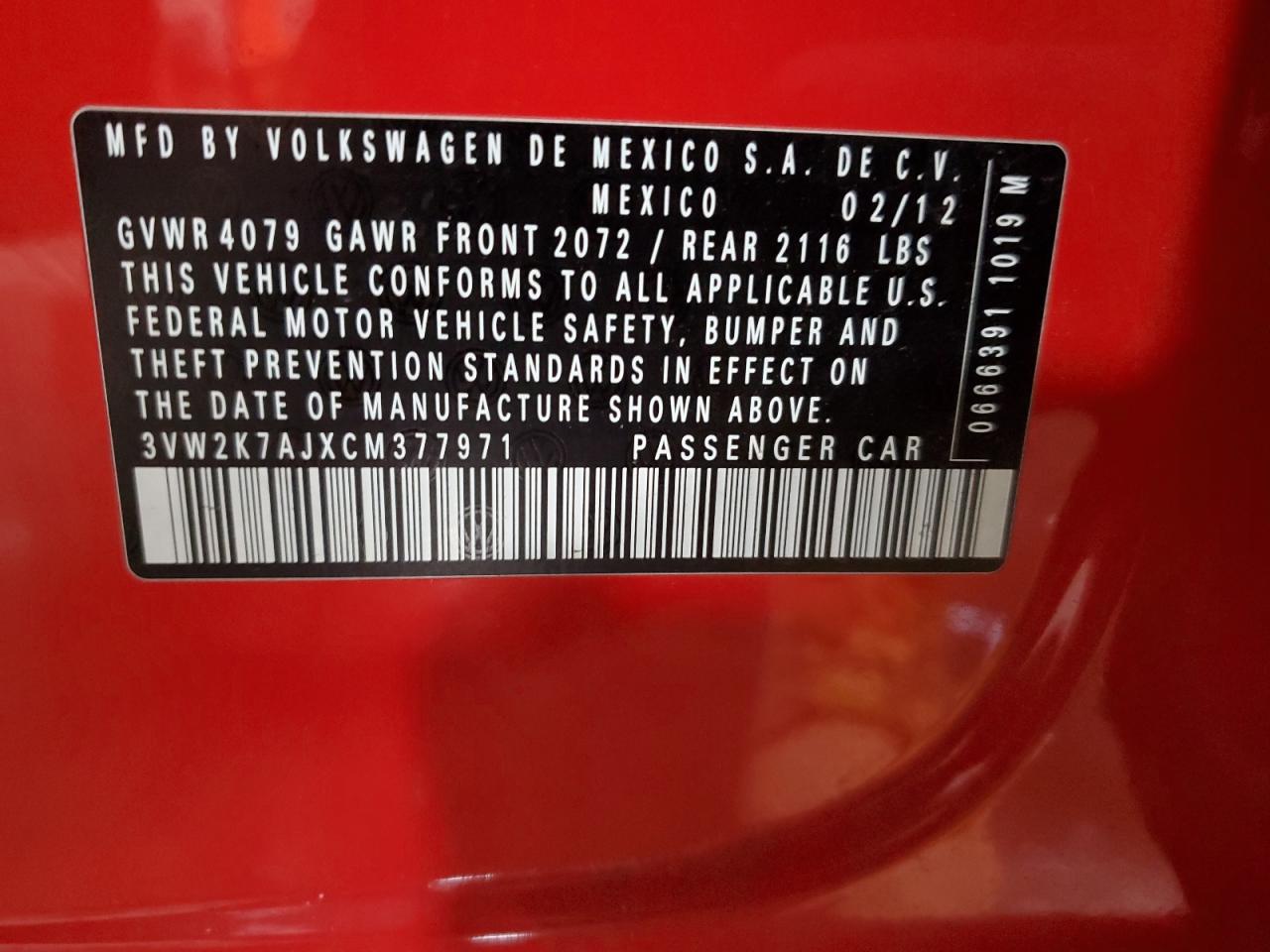 2012 Volkswagen Jetta Base VIN: 3VW2K7AJXCM377971 Lot: 84985445