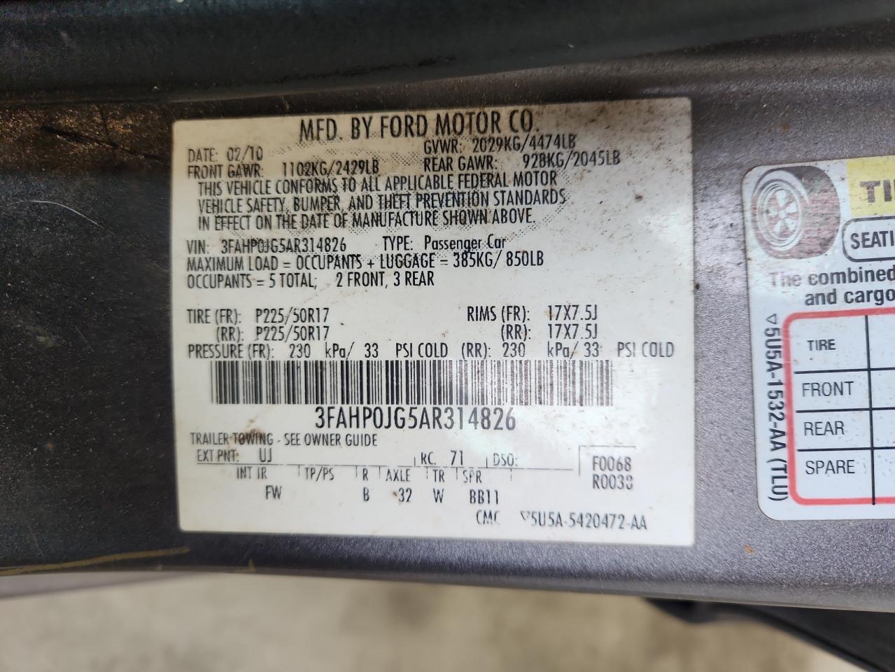 2010 Ford Fusion Sel VIN: 3FAHP0JG5AR314826 Lot: 90665615