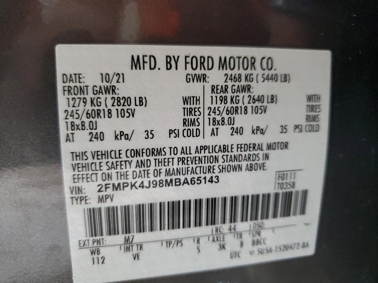2021 Ford Edge Sel VIN: 2FMPK4J98MBA65143 Lot: 90021975