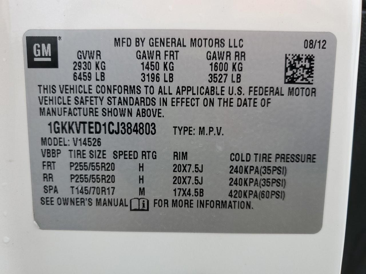 2012 GMC Acadia Denali VIN: 1GKKVTED1CJ384803 Lot: 90080565