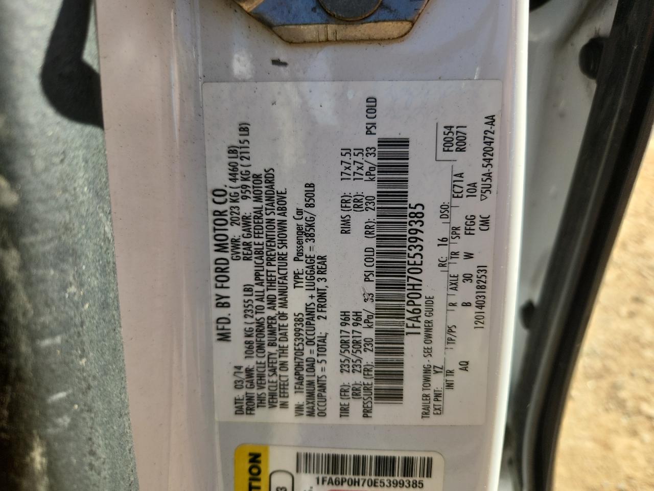 2014 Ford Fusion Se VIN: 1FA6P0H70E5399385 Lot: 84965965