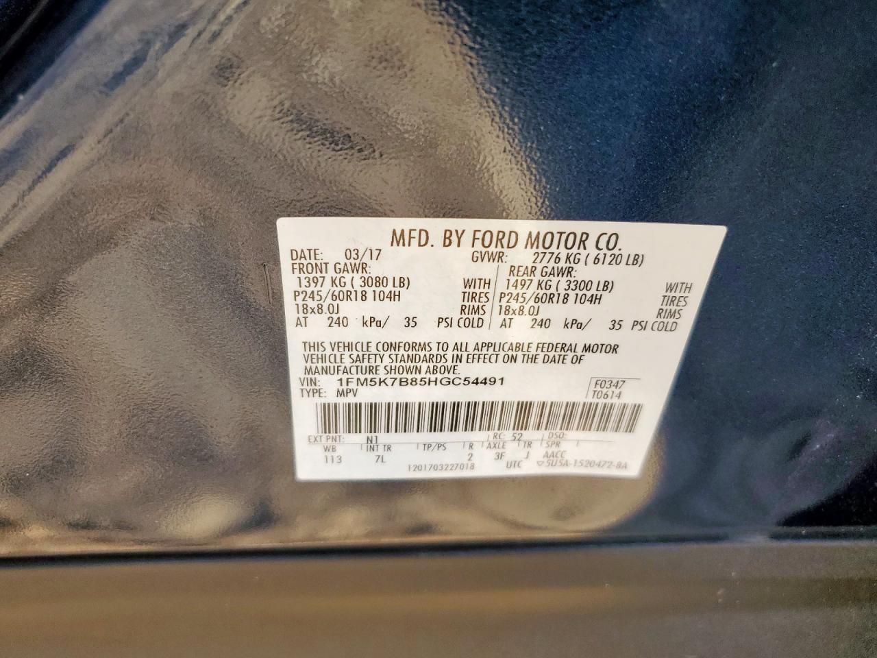 2017 Ford Explorer VIN: 1FM5K7B85HGC54491 Lot: 82263085