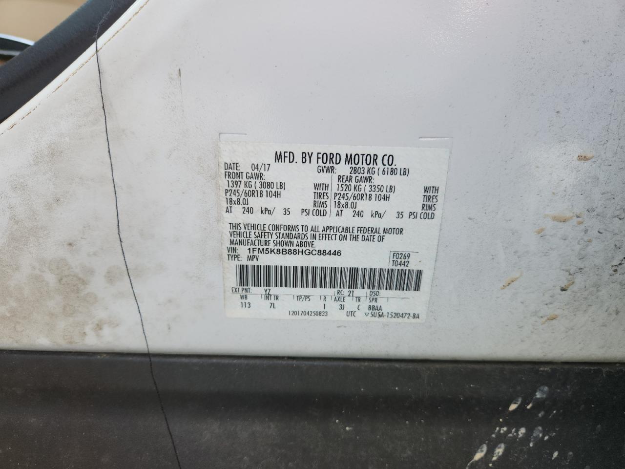 2017 Ford Explorer VIN: 1FM5K8B88HGC88446 Lot: 82308925