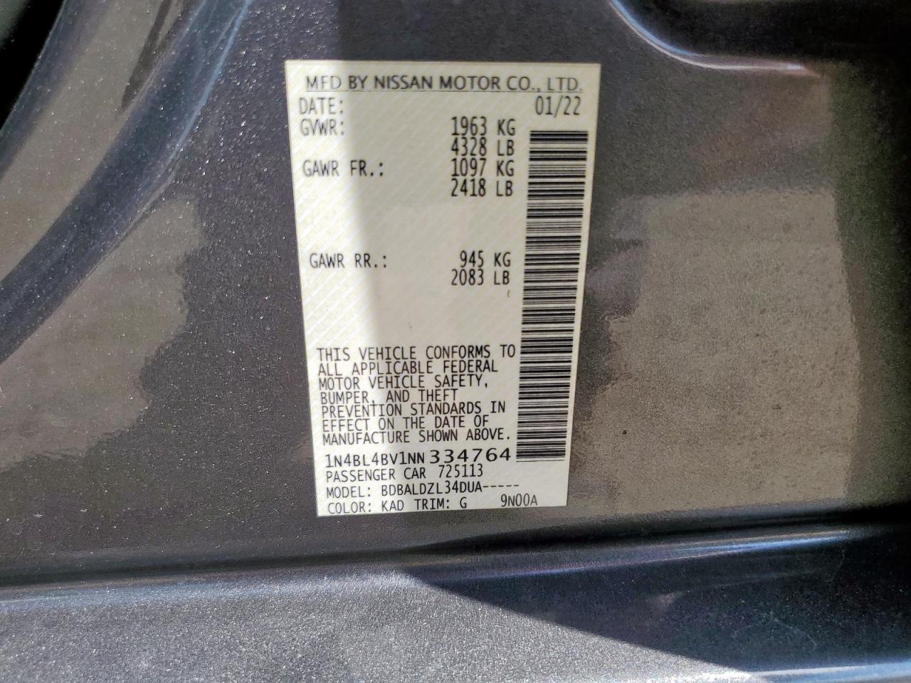 2022 Nissan Altima S VIN: 1N4BL4BV1NN334764 Lot: 85156105