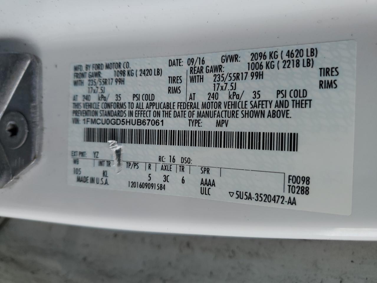 2017 Ford Escape Se VIN: 1FMCU0GD5HUB67061 Lot: 82222165