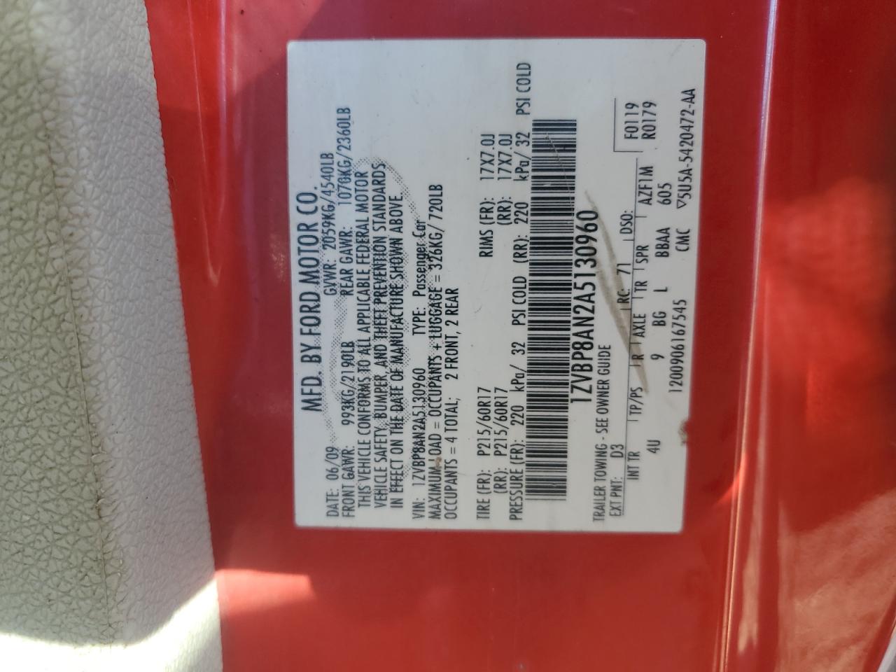 2010 Ford Mustang VIN: 1ZVBP8AN2A5130960 Lot: 85484285