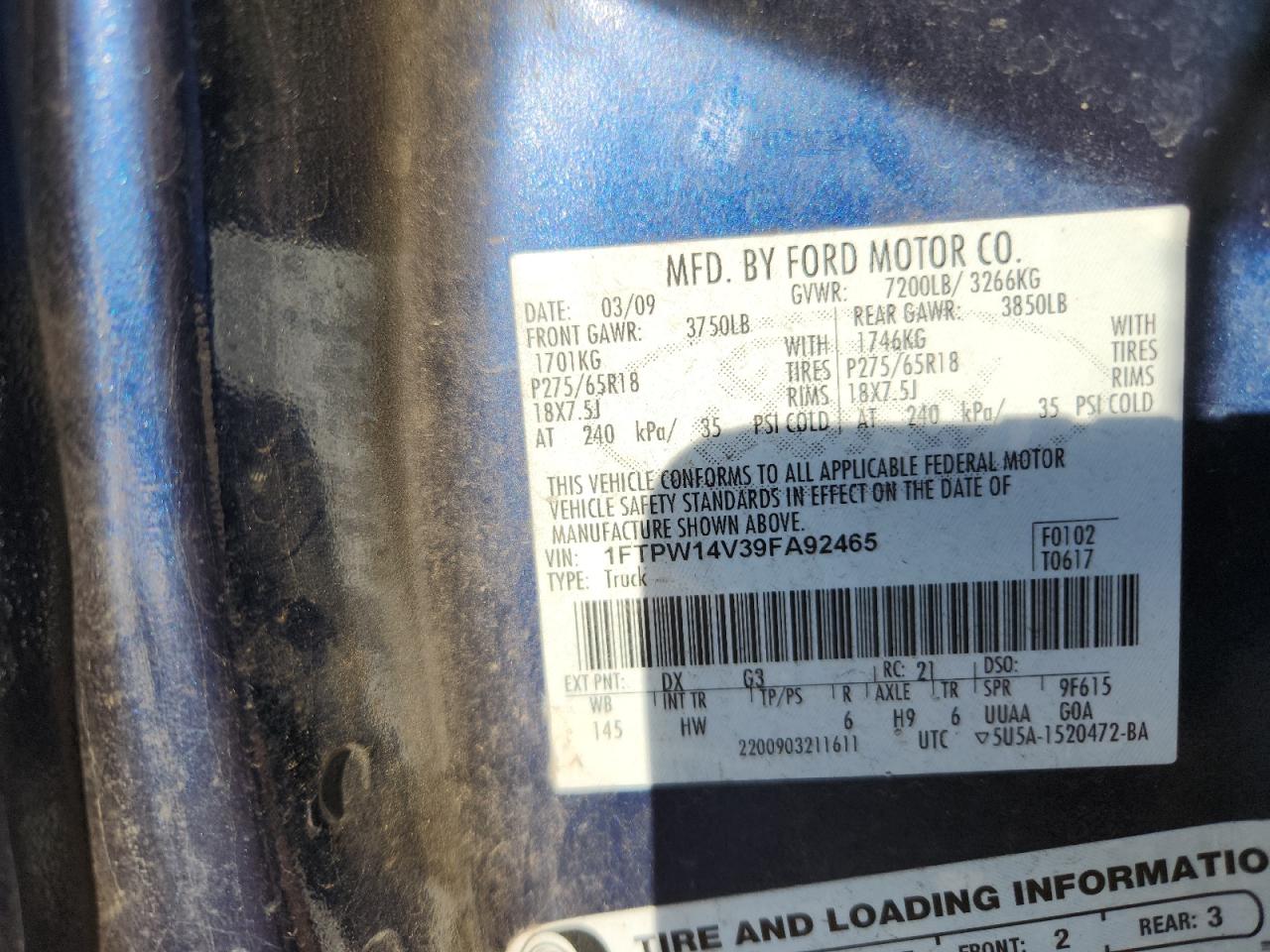 2009 Ford F150 Supercrew VIN: 1FTPW14V39FA92465 Lot: 90012095