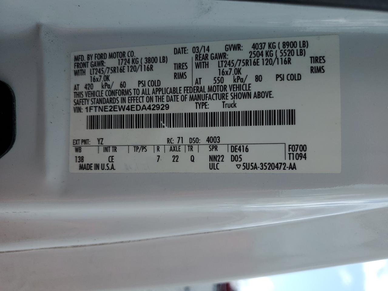 2014 Ford Econoline E250 Van VIN: 1FTNE2EW4EDA42929 Lot: 84930455