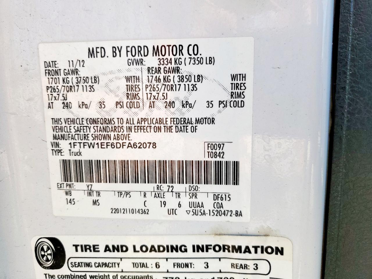 2013 Ford F150 Supercrew VIN: 1FTFW1EF6DFA62078 Lot: 85378055