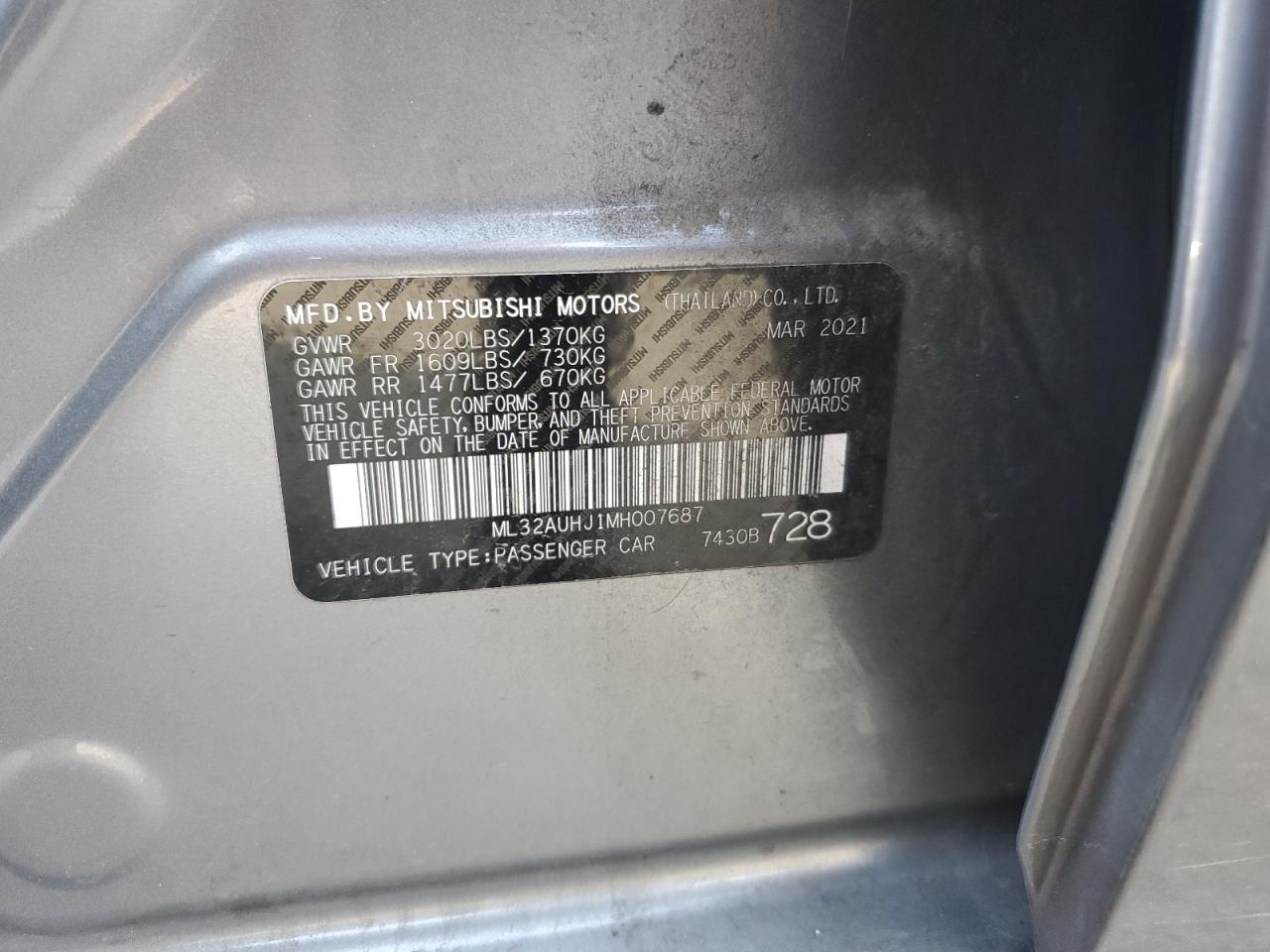 2021 Mitsubishi Mirage Es VIN: ML32AUHJ1MH007687 Lot: 82752625