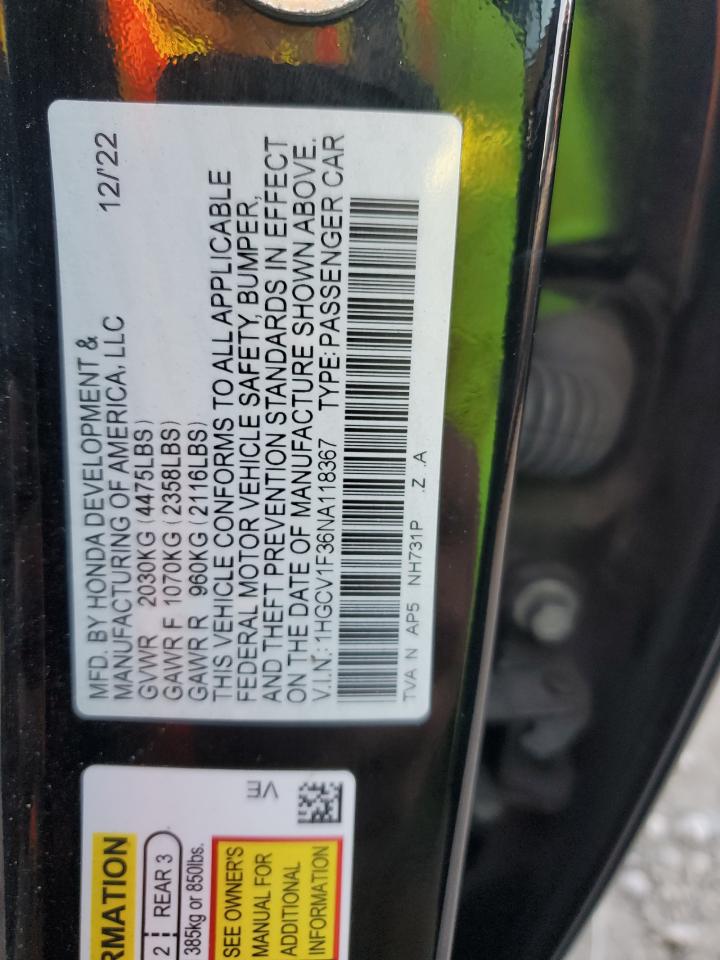 2022 Honda Accord Sport VIN: 1HGCV1F36NA118367 Lot: 87037695