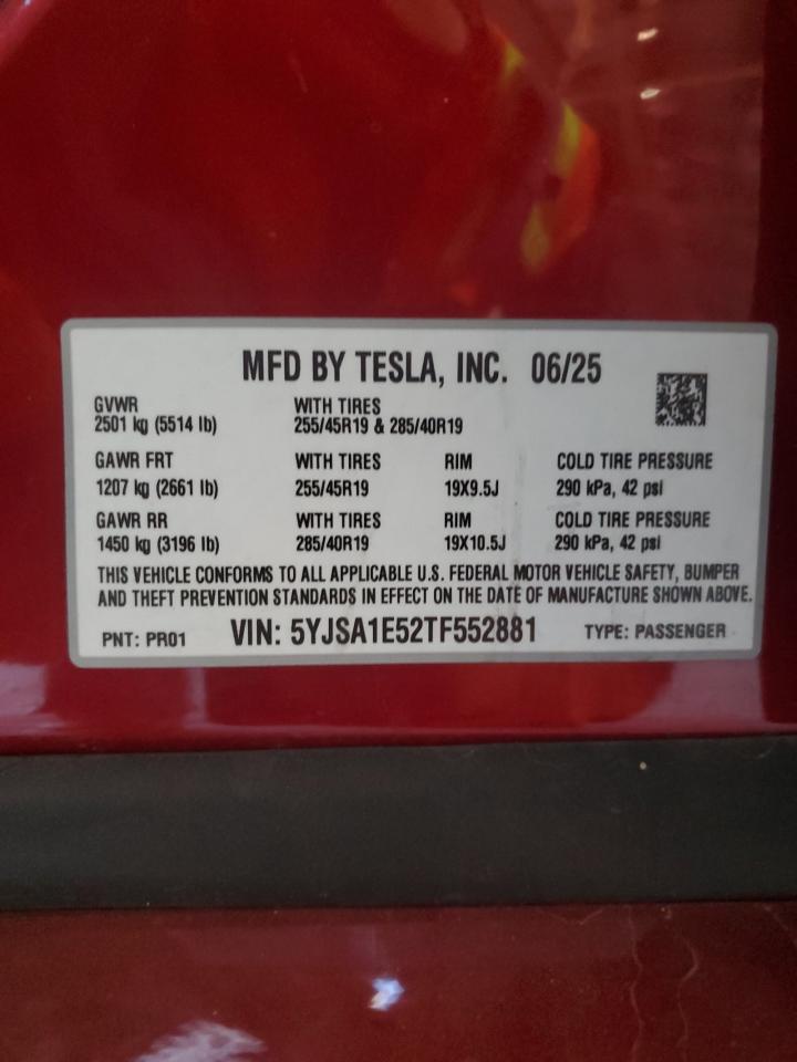2026 Tesla Model S VIN: 5YJSA1E52TF552881 Lot: 90122725