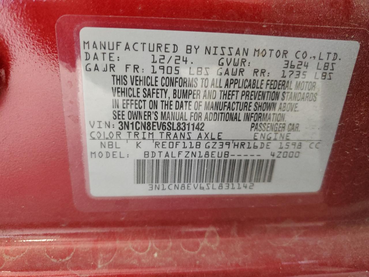 2025 Nissan Versa Sv VIN: 3N1CN8EV6SL831142 Lot: 85703315