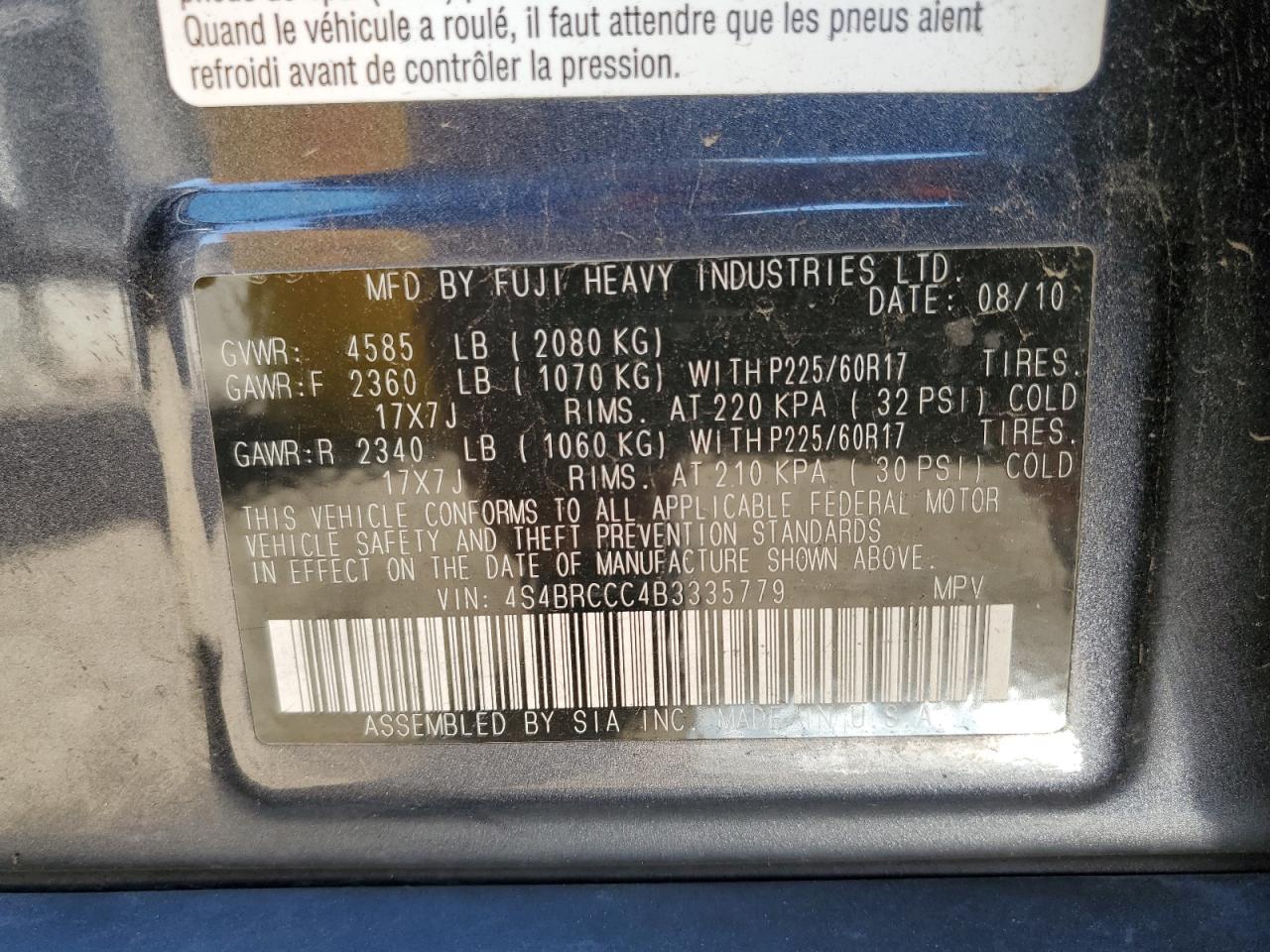 2011 Subaru Outback 2.5I Premium VIN: 4S4BRCCC4B3335779 Lot: 84960825