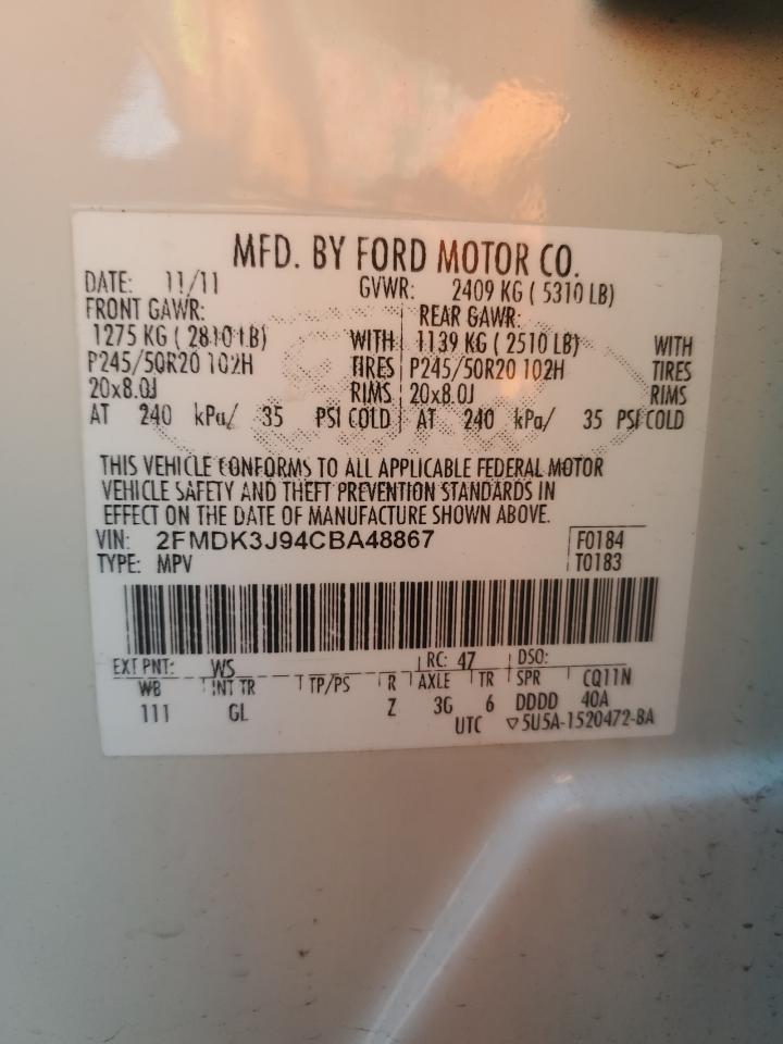 2012 Ford Edge Sel VIN: 2FMDK3J94CBA48867 Lot: 82383935