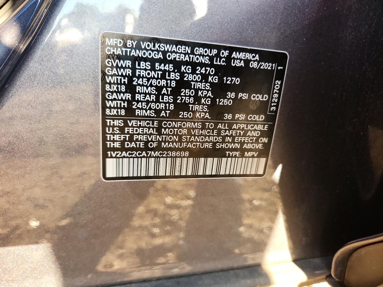 2021 Volkswagen Atlas Cross Sport S VIN: 1V2AC2CA7MC238698 Lot: 87242725