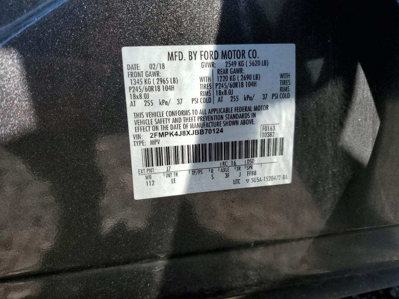 2018 Ford Edge Sel VIN: 2FMPK4J8XJBB70124 Lot: 82350305