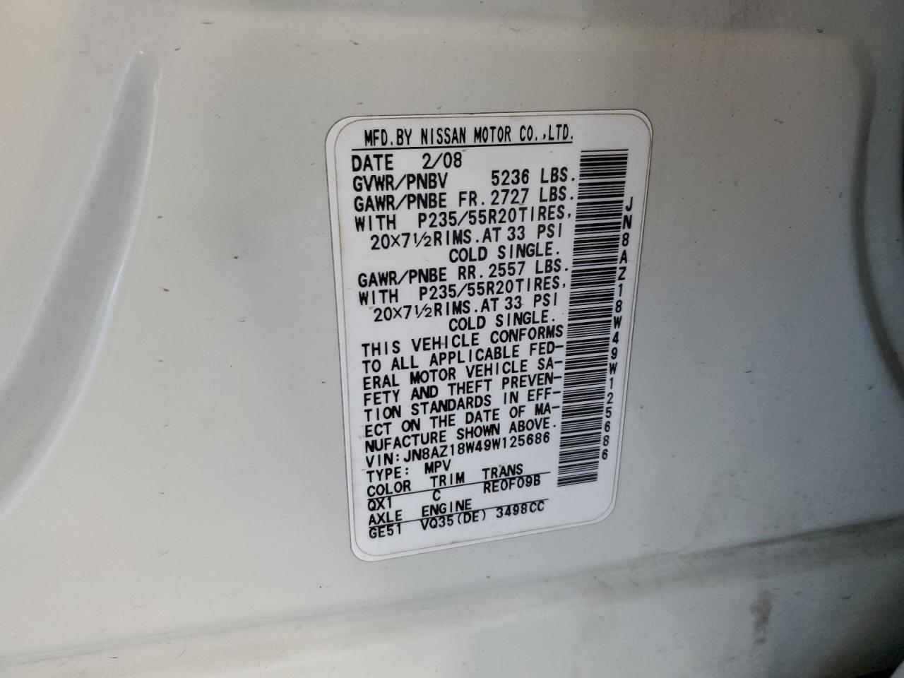 2009 Nissan Murano S VIN: JN8AZ18W49W125686 Lot: 85198855