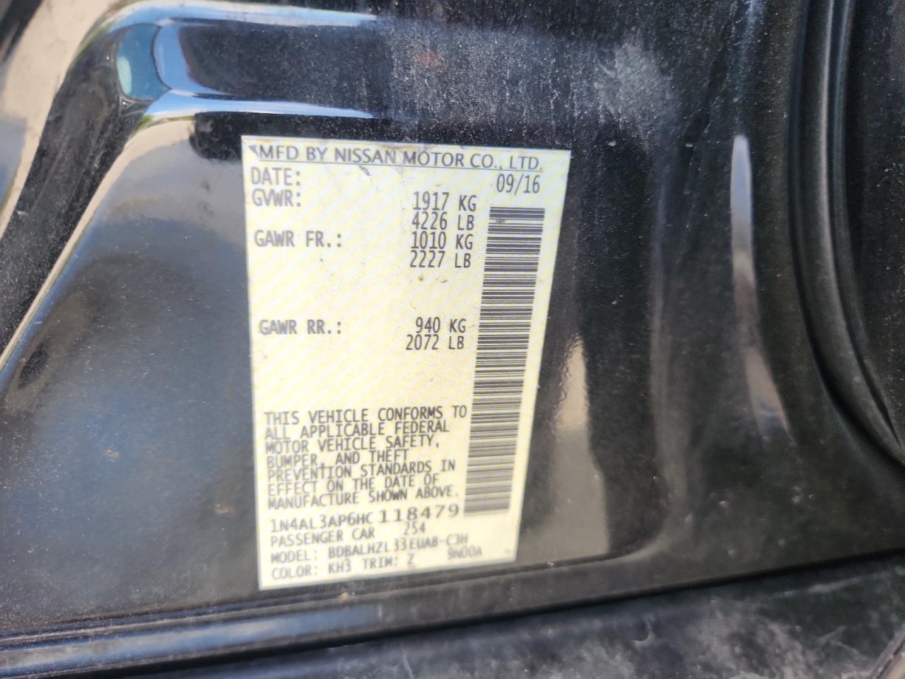 2017 Nissan Altima 2.5 VIN: 1N4AL3AP6HC118479 Lot: 82318955