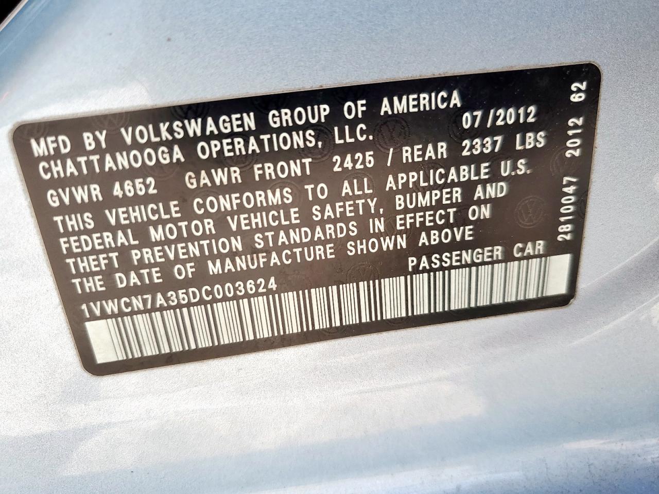 2013 Volkswagen Passat Sel VIN: 1VWCN7A35DC003624 Lot: 85662645