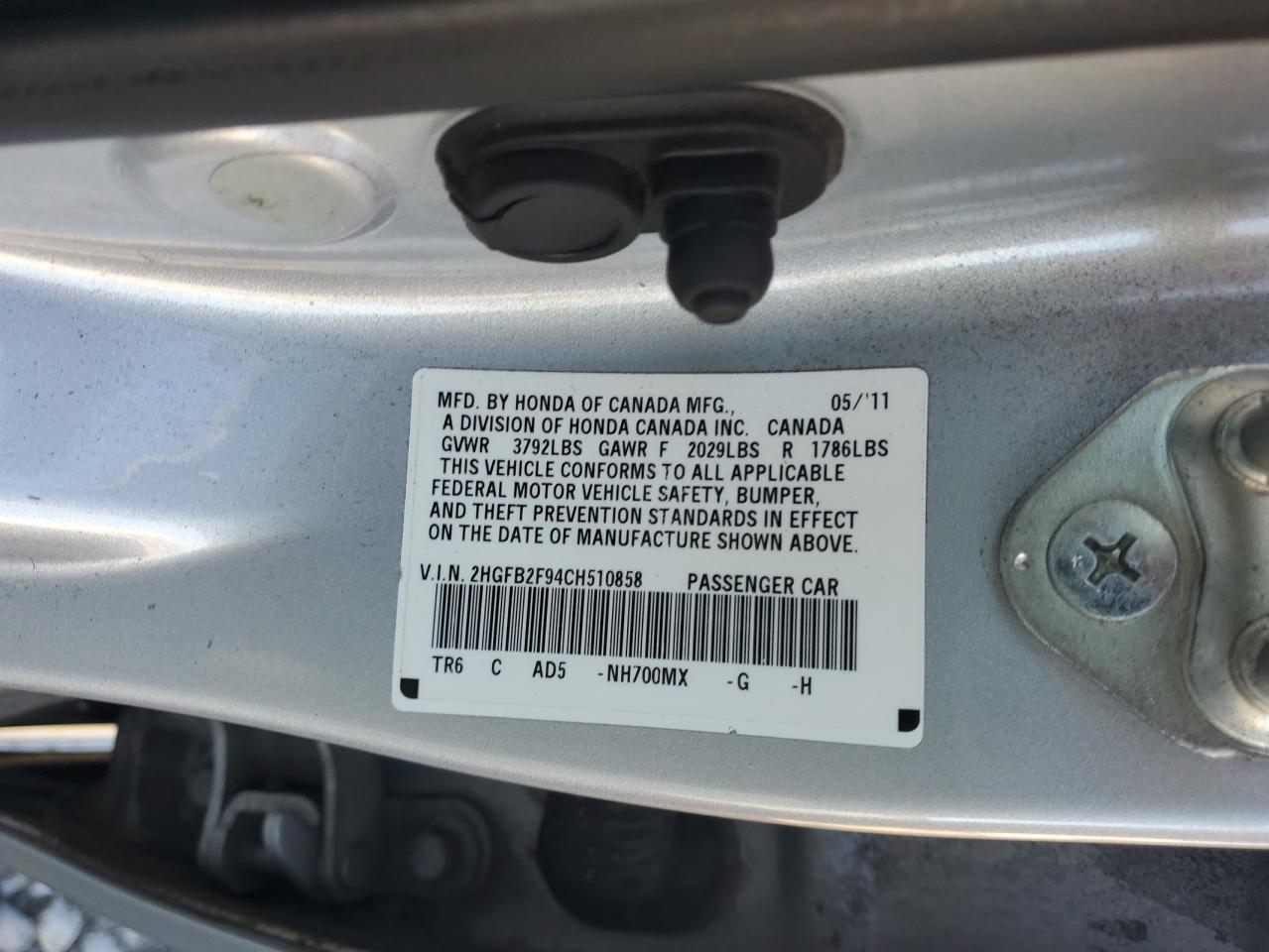 2012 Honda Civic Exl VIN: 2HGFB2F94CH510858 Lot: 86844705