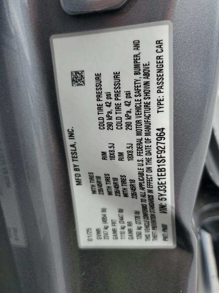 2025 Tesla Model 3 VIN: 5YJ3E1EB1SF927964 Lot: 87023715