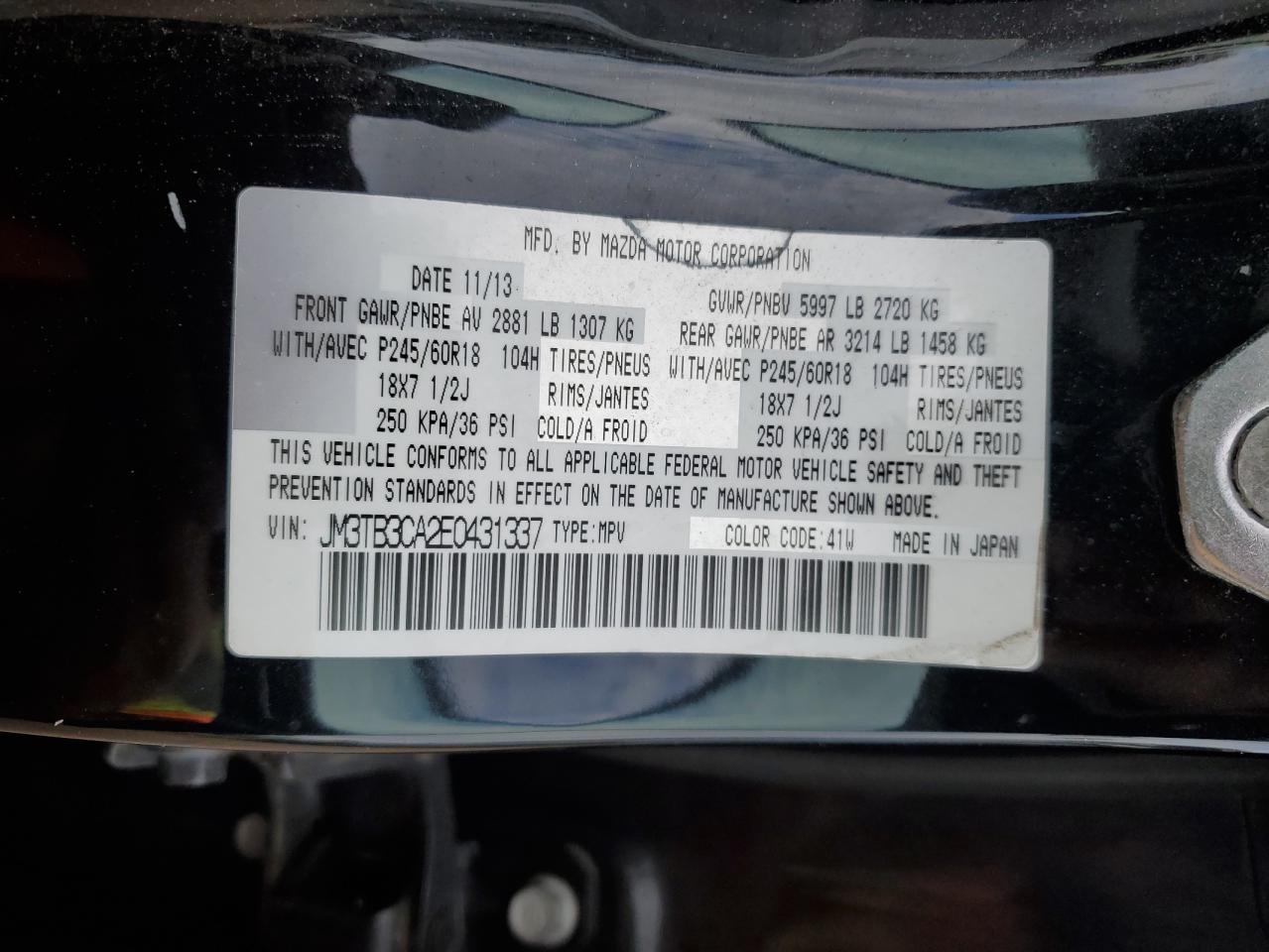 2014 Mazda Cx-9 Touring VIN: JM3TB3CA2E0431337 Lot: 86053945