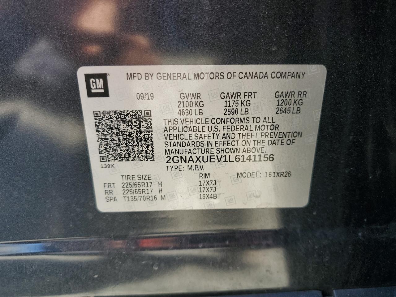 2020 Chevrolet Equinox Lt VIN: 2GNAXUEV1L6141156 Lot: 86056185