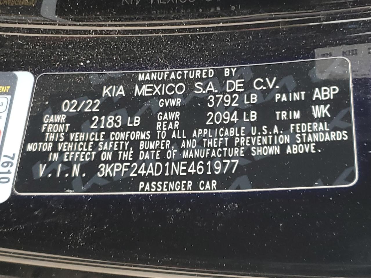 2022 Kia Forte Fe VIN: 3KPF24AD1NE461977 Lot: 87428125