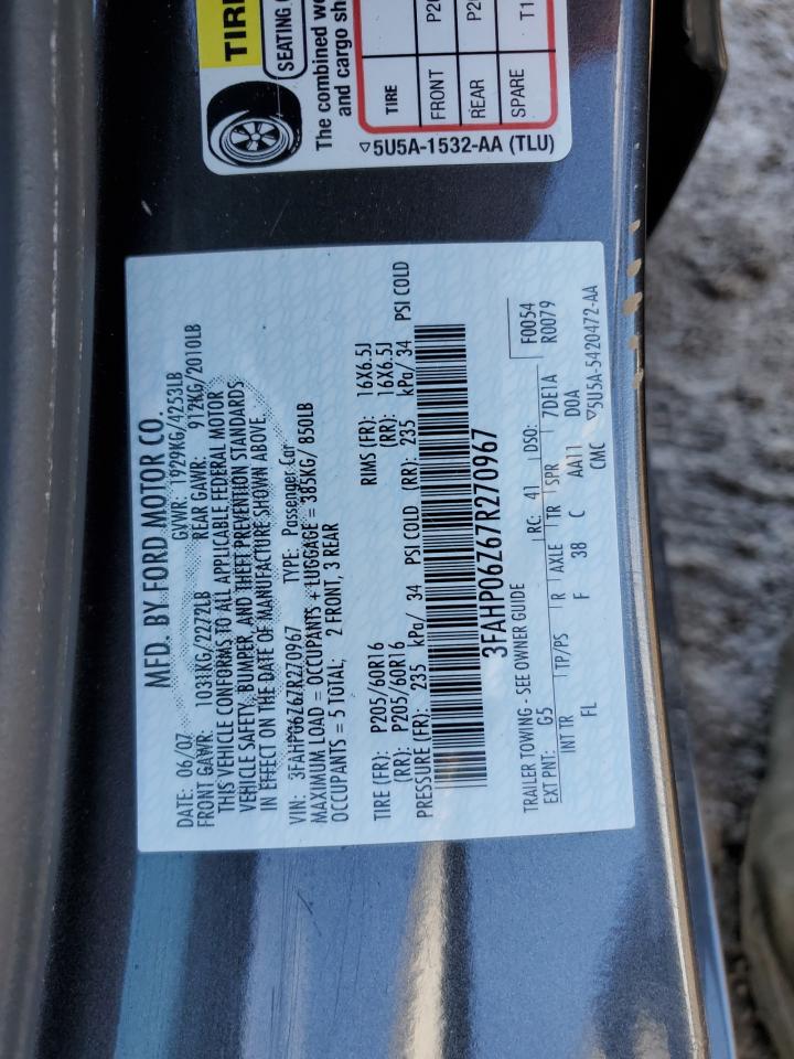 2007 Ford Fusion S VIN: 3FAHP06Z67R270967 Lot: 85273805