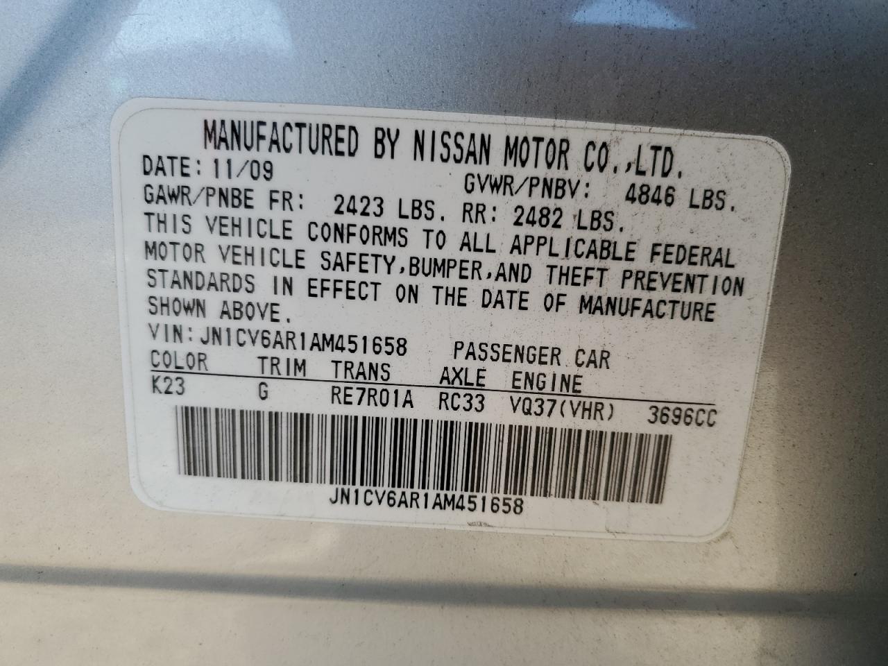 2010 Infiniti G37 VIN: JN1CV6AR1AM451658 Lot: 86533795