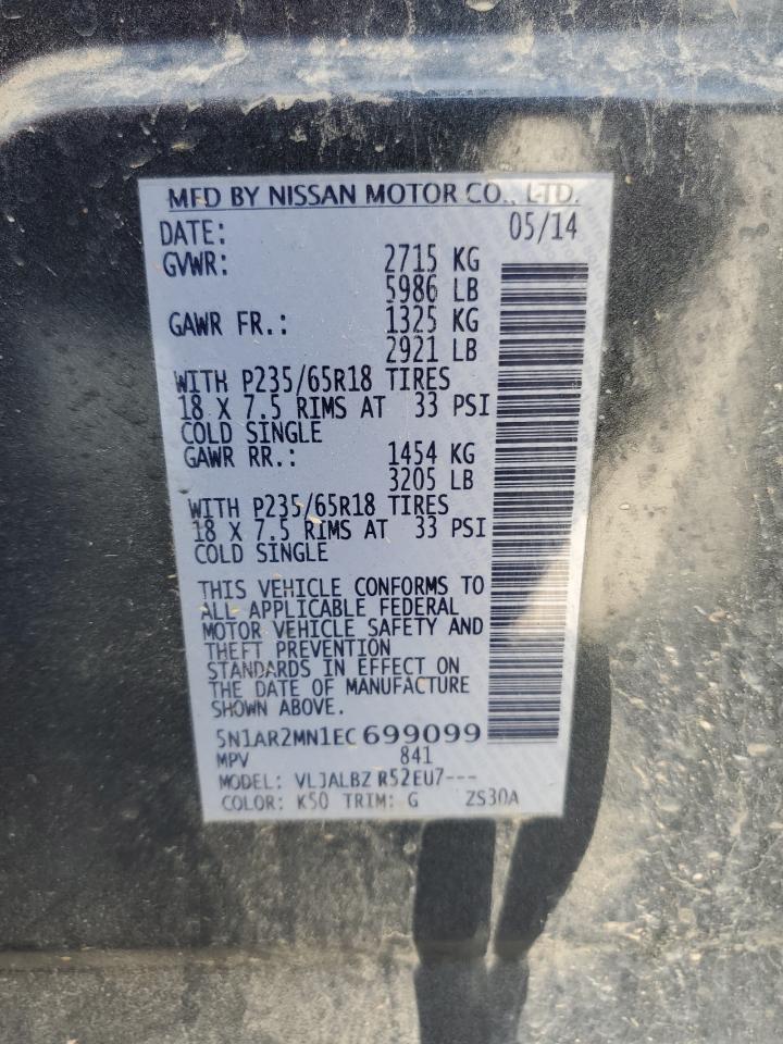 2014 Nissan Pathfinder S VIN: 5N1AR2MN1EC699099 Lot: 86151385