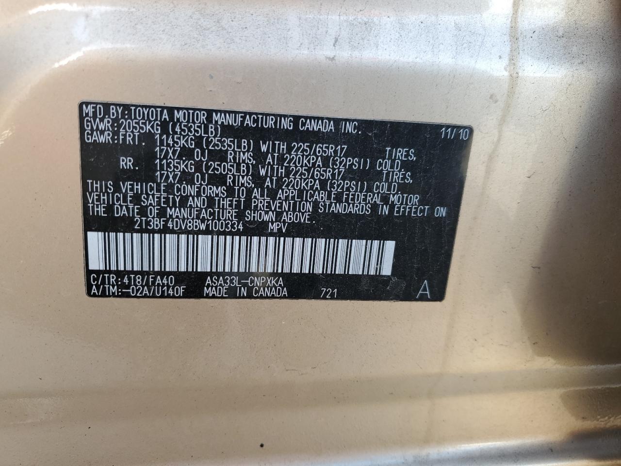 2011 Toyota Rav4 VIN: 2T3BF4DV8BW100334 Lot: 89892745