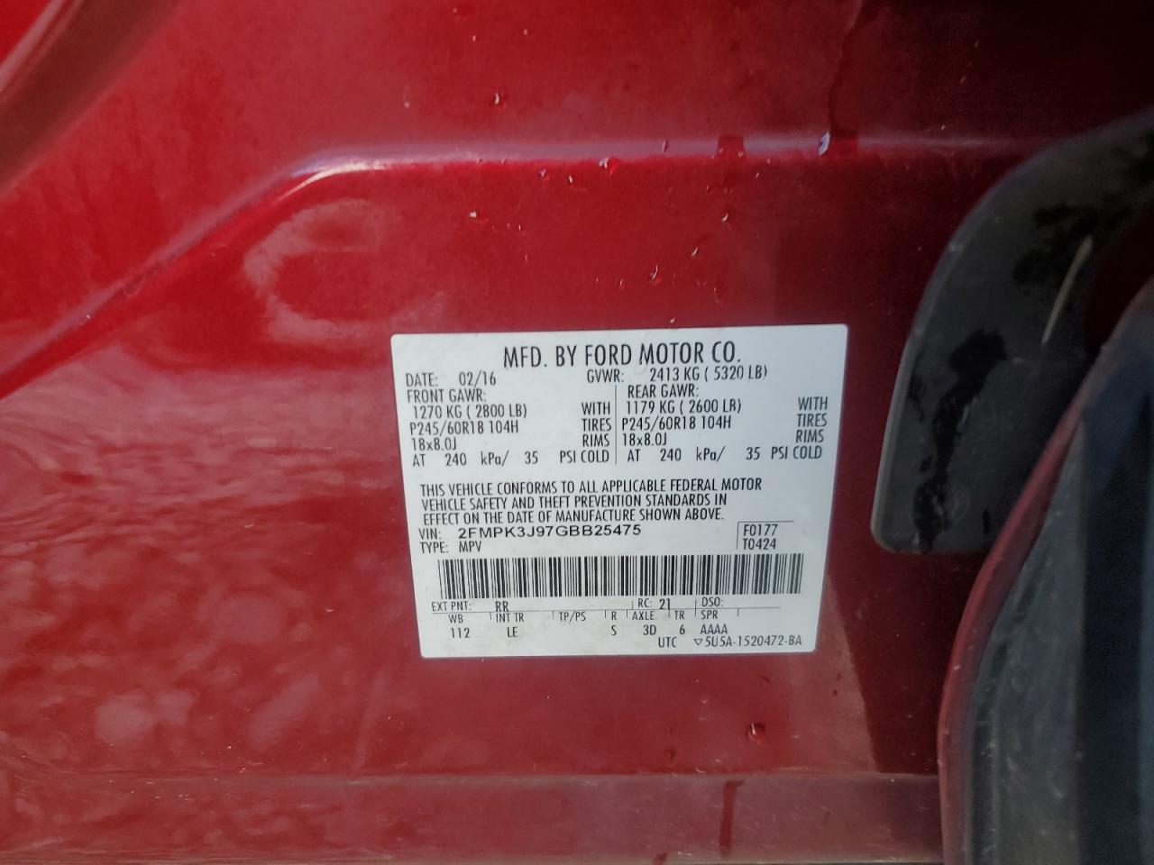 2016 Ford Edge Sel VIN: 2FMPK3J97GBB25475 Lot: 89911045