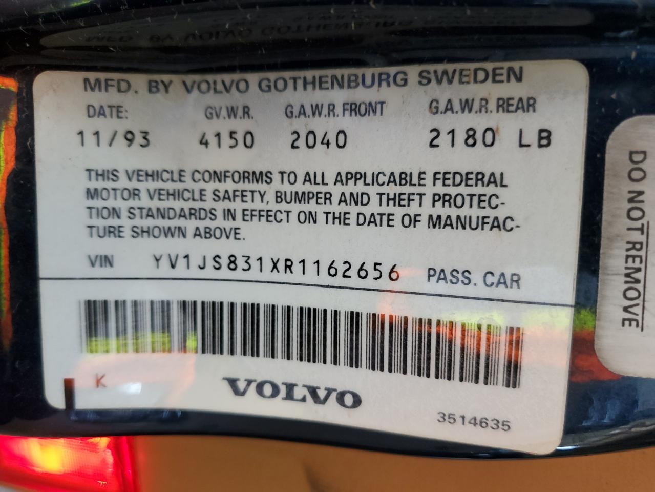 1994 Volvo 940 VIN: YV1JS831XR1162656 Lot: 84073745