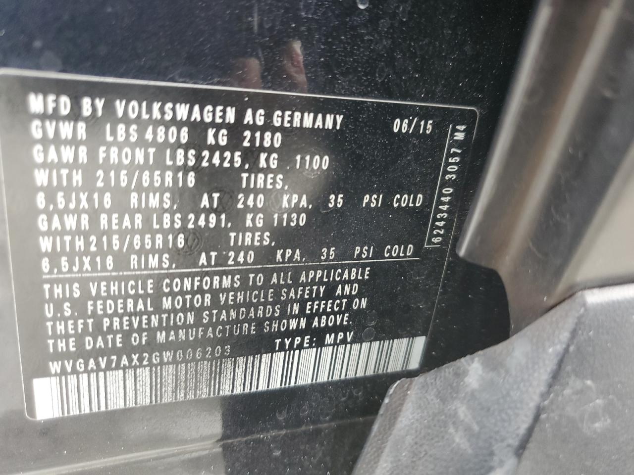 2016 Volkswagen Tiguan S VIN: WVGAV7AX2GW006203 Lot: 82293965