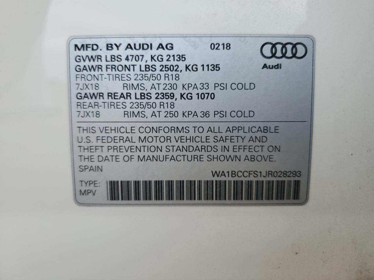 2018 Audi Q3 Premium VIN: WA1BCCFS1JR028293 Lot: 85737225
