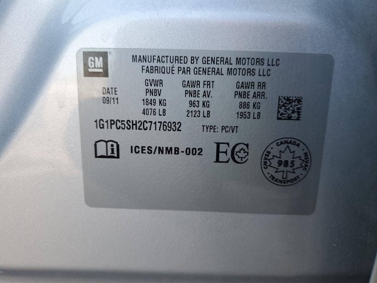 2012 Chevrolet Cruze Ls VIN: 1G1PC5SH2C7176932 Lot: 81043845