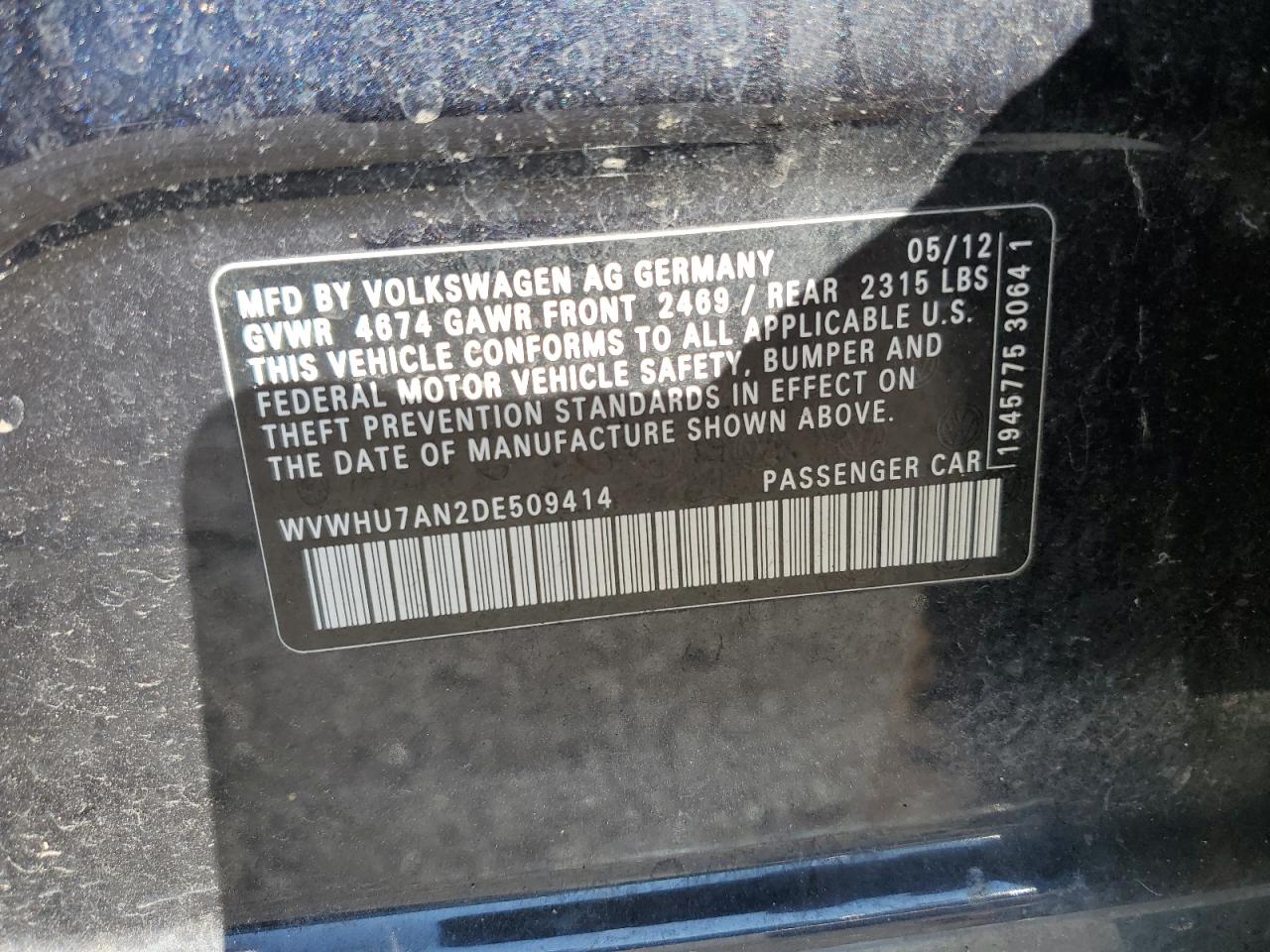 2013 Volkswagen Cc Luxury VIN: WVWHU7AN2DE509414 Lot: 90796345