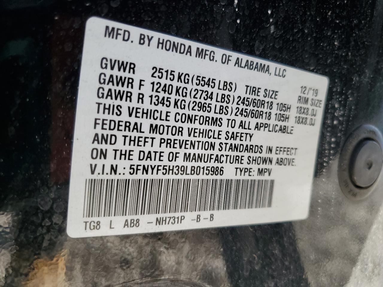 2020 Honda Pilot Ex VIN: 5FNYF5H39LB015986 Lot: 84730375