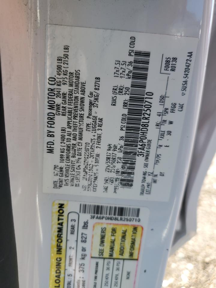 2020 Ford Fusion Se VIN: 3FA6P0HD8LR250710 Lot: 85325025