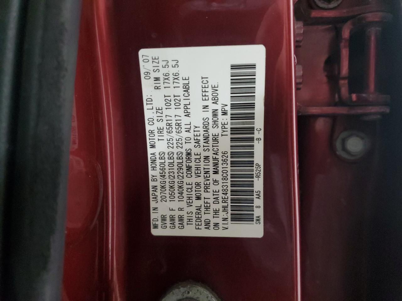 2008 Honda Cr-V Lx VIN: JHLRE48318C013626 Lot: 90838045