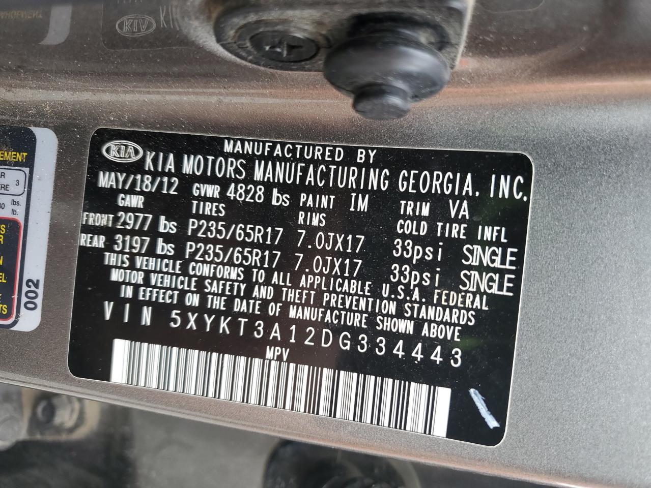 2013 Kia Sorento Lx VIN: 5XYKT3A12DG334443 Lot: 85555935