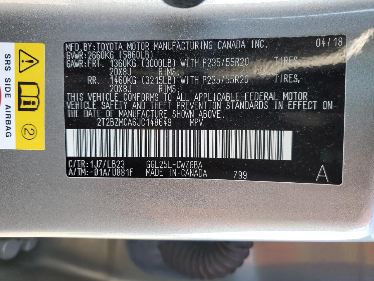 2018 Lexus Rx 350 Base VIN: 2T2BZMCA6JC148649 Lot: 81906235